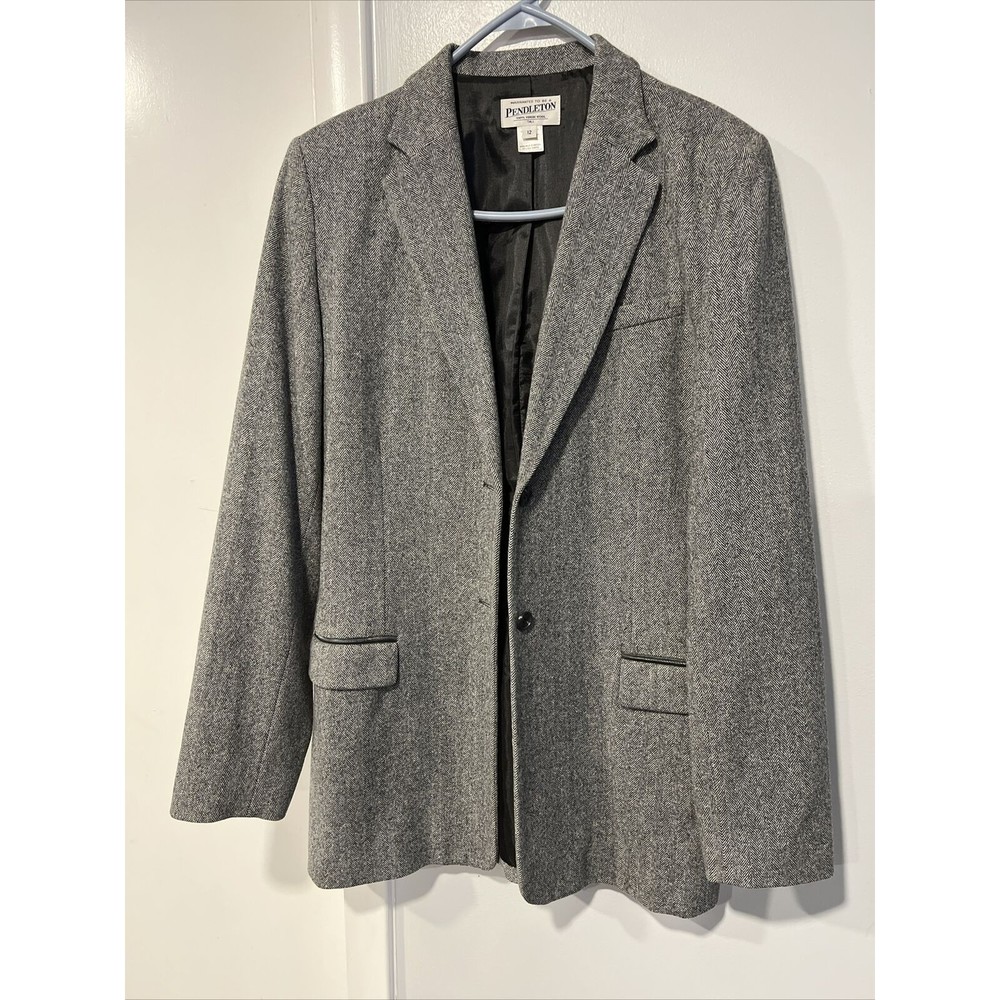 Pendleton Herringbone Wool Blazer Jacket Womens 12 Tall Gray Black